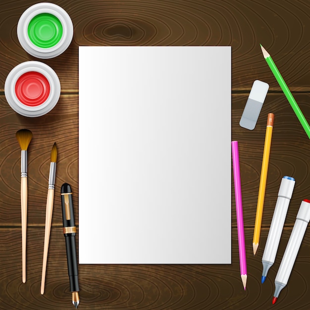 Free vector blank white paper sheet and painter instruments