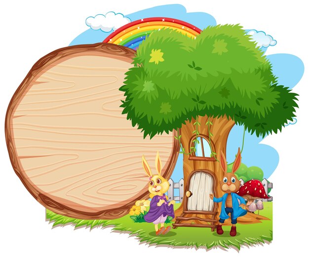 Blank wooden banner in the garden with two rabbits isolated