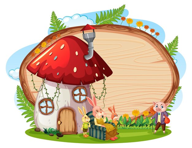 Free vector blank wooden board in the garden with mushroom house isolated