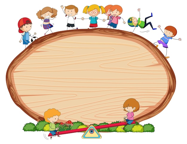 Free vector blank wooden board in oval shape with kids doodle cartoon character