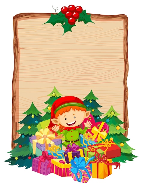 Пустая деревянная доска с логотипом шрифта Merry Christmas 2020 и подарком эльфу