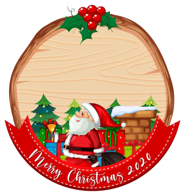 Tavola di legno vuota con logo del font merry christmas 2020 e babbo natale