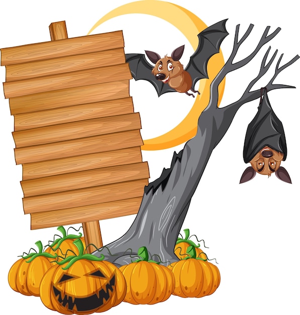 Blank wooden signboard with bat in halloween theme