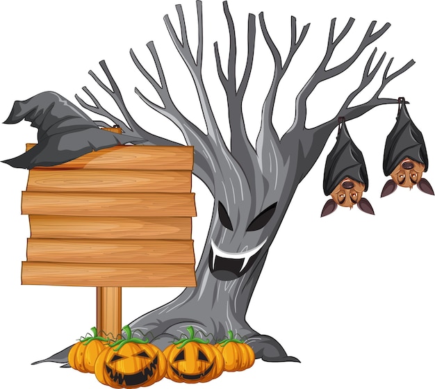 Free vector blank wooden signboard with bat in halloween theme