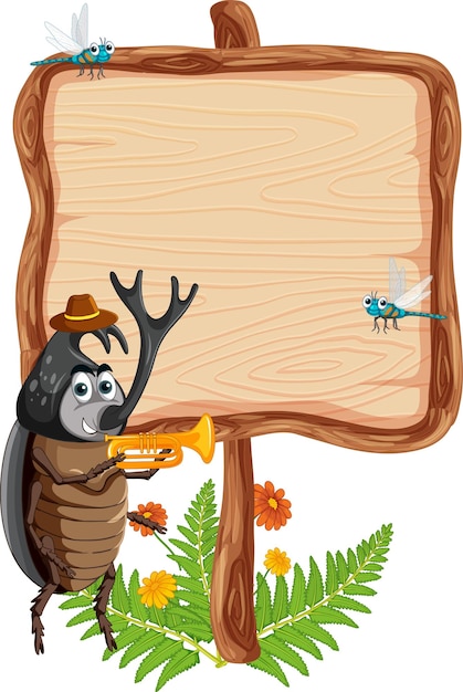 Free vector blank wooden signboard with beetle cartoon