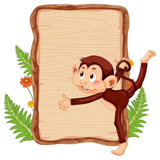 Blank wooden signboard with cute monkey