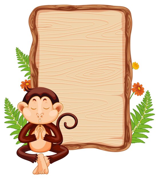 Blank wooden signboard with cute monkey