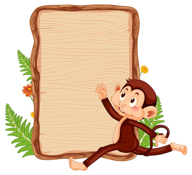 Free vector blank wooden signboard with cute monkey