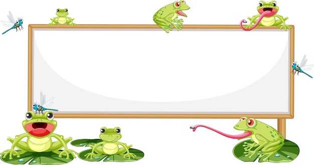 Blank wooden signboard with frog in cartoon style