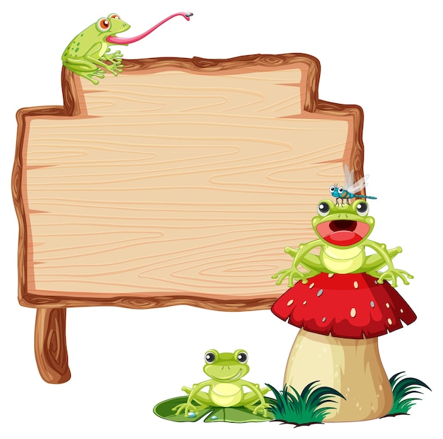 Free vector blank wooden signboard with frogs