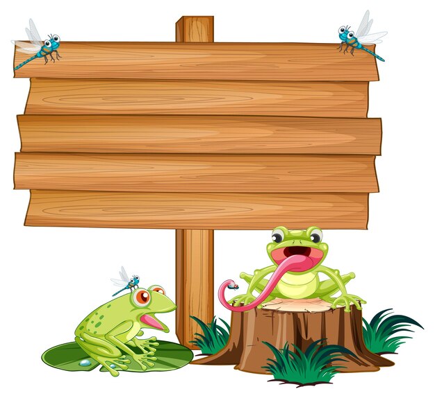 カエルと空白の木製看板