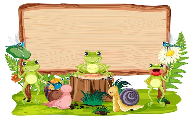 Blank wooden signboard with frogs