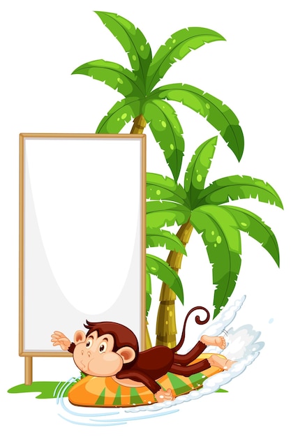 Blank wooden signboard with monkey catoon