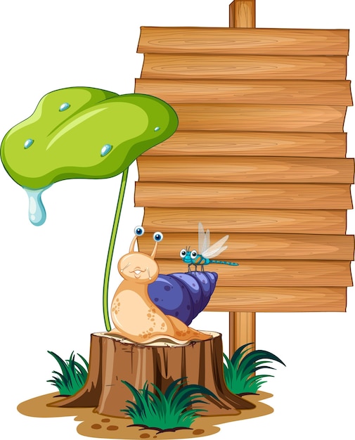 Free vector blank wooden signboard with snail cartoon