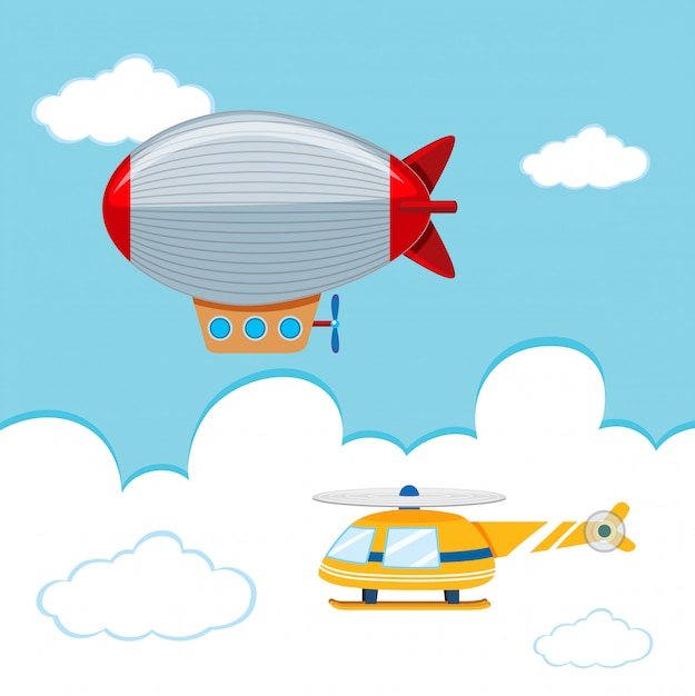 Free vector blimp and helicopter in the sky