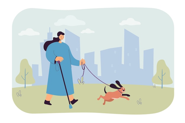 Free vector blind cartoon woman on walk with guide dog in park