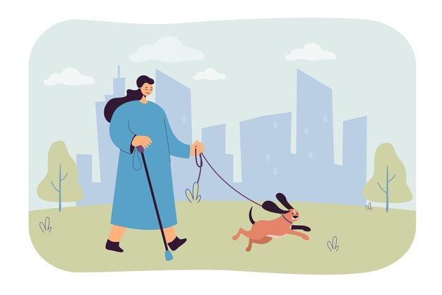 Слепая мультипликационная женщина на прогулке с собакой-поводырем в парке