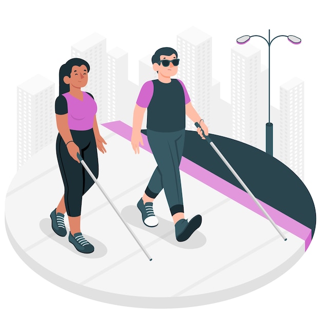 걷는 지팡이 개념 삽화가 있는 시각 장애인