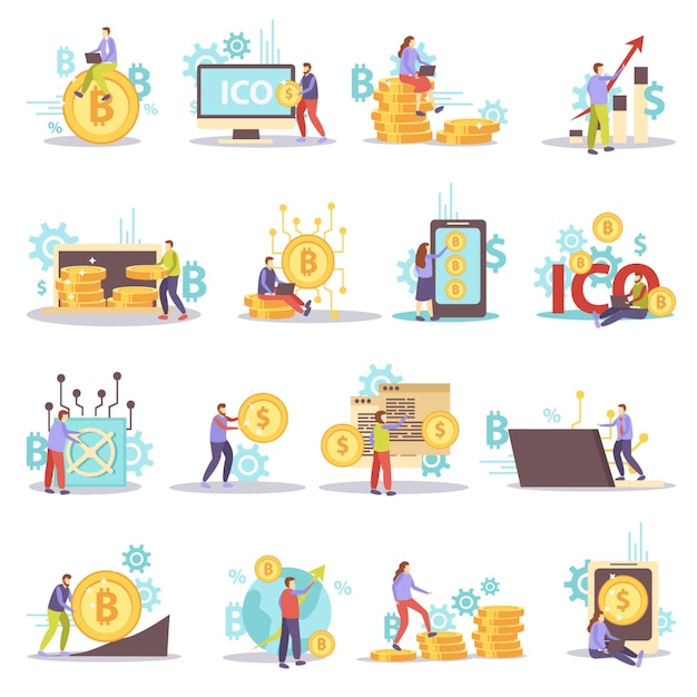 Blockchain cryptocurrency business flat icons set isolated Free Vector