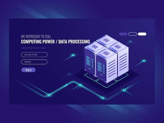 Free vector blockchain server concept, quantum computer, server room, database