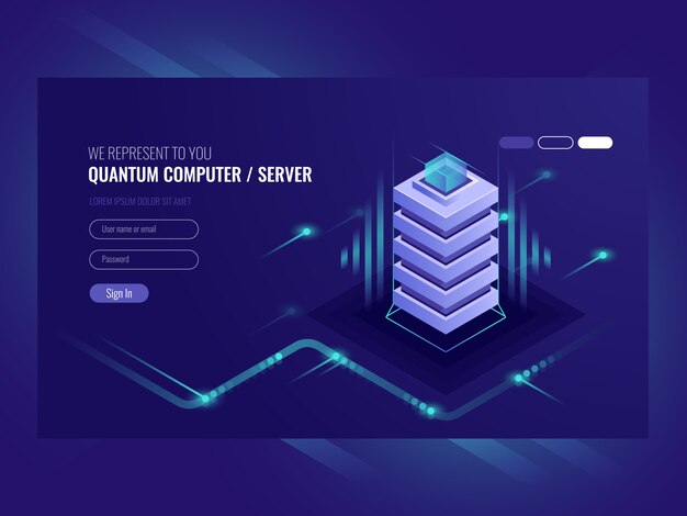 ブロックチェンサーバーの概念、量子コンピュータ、サーバールーム、データベース