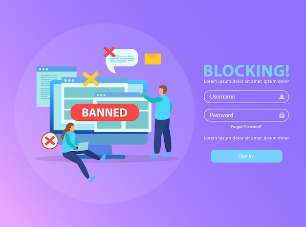 Free vector blocking computer ip address from wifi network stopping abusive mails flat illustration composition with banned sign