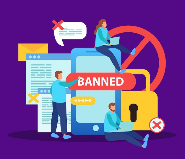 blocking social media internet users for content flat composition with smartphone lock banned messages bubbles