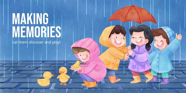 Blog header template with children rainy season conceptwatercolor style