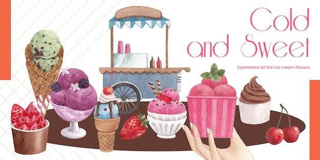 Modello di intestazione del blog con concetto di gusto di gelato in stile acquerello