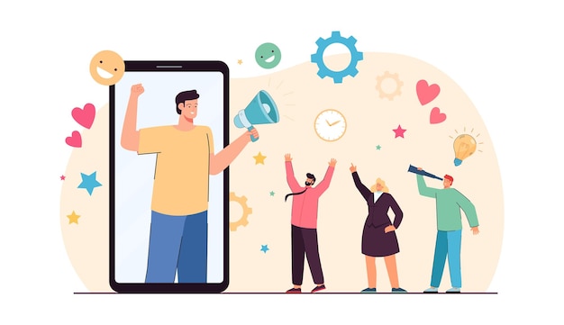 Free vector blogger on phone screen attracting new followers. flat vector illustration. man with loudspeaker promoting new products and services, engaging audience. smm, influencer marketing concept