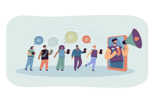 Blogger with loudspeaker influencing on audience in social media. Flat illustration.