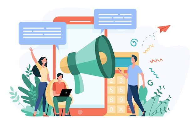 Bloggers advertising referrals. Young people with gadgets and loudspeakers announcing news, attracting target audience. Vector illustration for marketing, promotion, communication