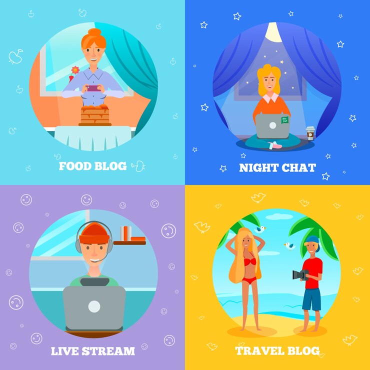 Free Vector bloggers characters popular topics 4 flat icons square concept with food cooking travel night chat