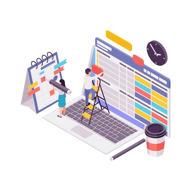 Blogging isometric concept with content plan making process 3d illustration