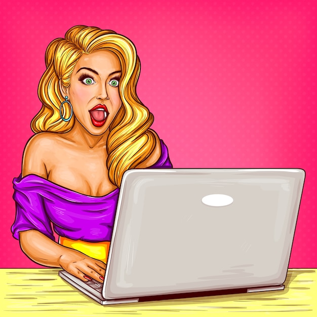 Free vector blond girl internet blogger working behind laptop