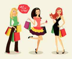 Free vector blonde, brunette and redhead fashion shopping girls with bags and packages in hand, glad purchases, vector illustration