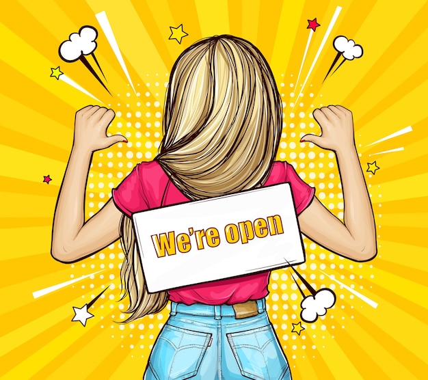 Free vector blonde girl standing backwards with signboard on a rope with text we're open in pop art style