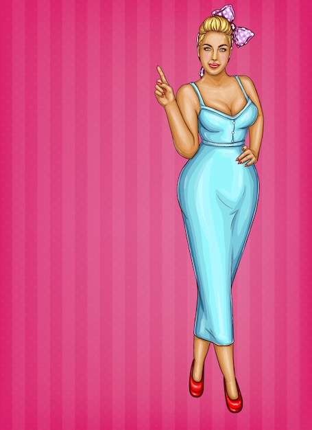 Free vector blonde overweight woman in blue dress, bow-knot on pink striped background