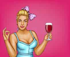 Free vector blonde overweight woman holds glass of wine. fat lady in blue blouse, bow-knot.