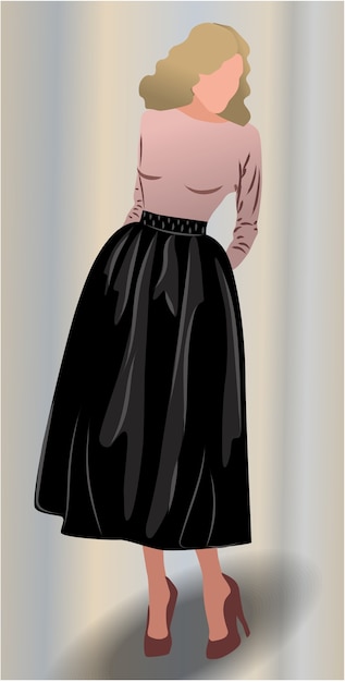 Бесплатное векторное изображение Блондинка, одетая в блузку цвета пудры, черную юбку и коричневые туфли на высоких каблуках