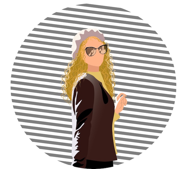 Free vector blonde woman in yellow blouse black jacket white bonnet and sunglasses posing with and striped circle behind her