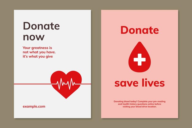 最小限のスタイルのデュアルセットで献血キャンペーンテンプレートベクトル広告ポスター