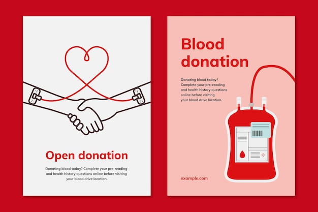 Vettore gratuito poster pubblicitario vettoriale modello di campagna per la donazione di sangue in doppio set in stile minimal