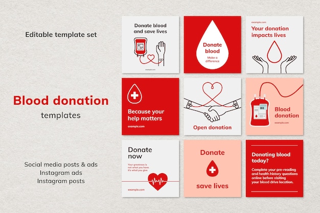 最小限のスタイルのセットで献血キャンペーンテンプレートベクトルソーシャルメディア広告