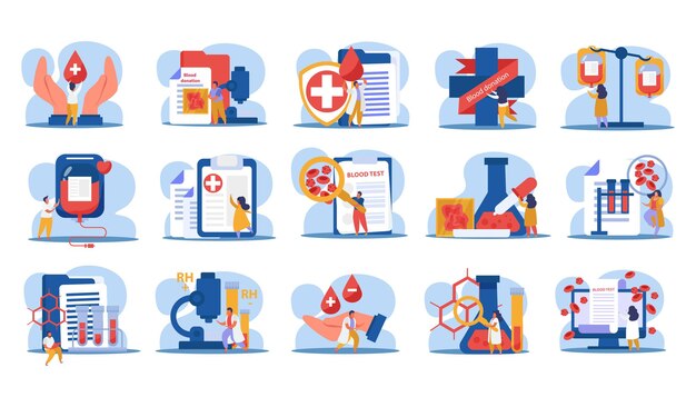 Blood donation set with blood test and expertise symbols flat isolated vector illustration