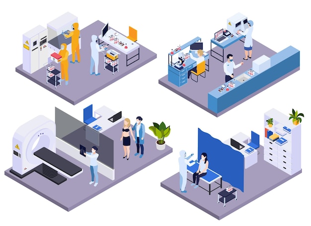 Free vector blood and lung testing of diseased patient with using of laboratory analysis computer tomography and radiography isometric compositions illustration