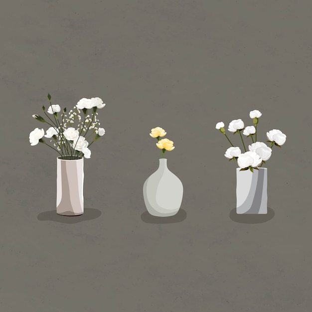 Free vector blooming billy balls and white carnations in vases design element vector