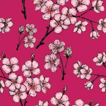 사쿠라의 개화 지점, 벚꽃 장식. 식물 벡터 완벽 한 패턴입니다. 랩, 섬유, 벽지, 배경을 위한 봄 디자인.