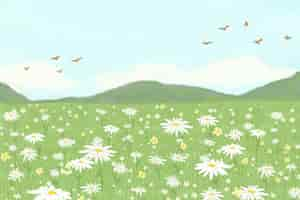 Free vector blooming daisy field background with mountain banner