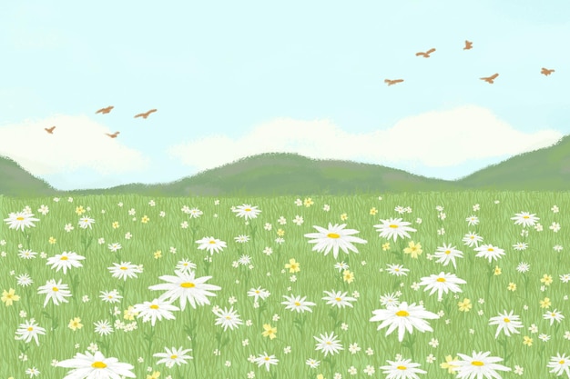 Blooming daisy field background with mountain banner